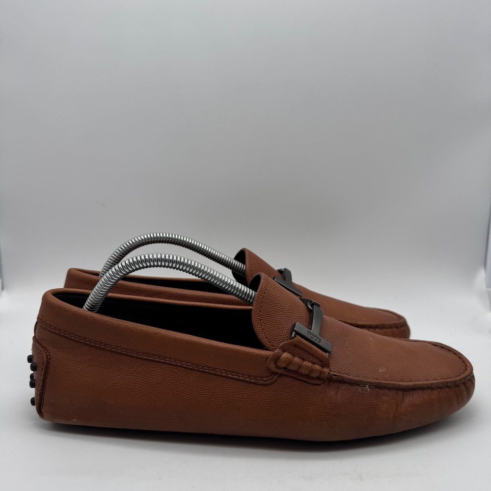 Tods Gommino Driving Loafers Men 8 Tan Brown Pebbled Leather T-Bar Made in Italy